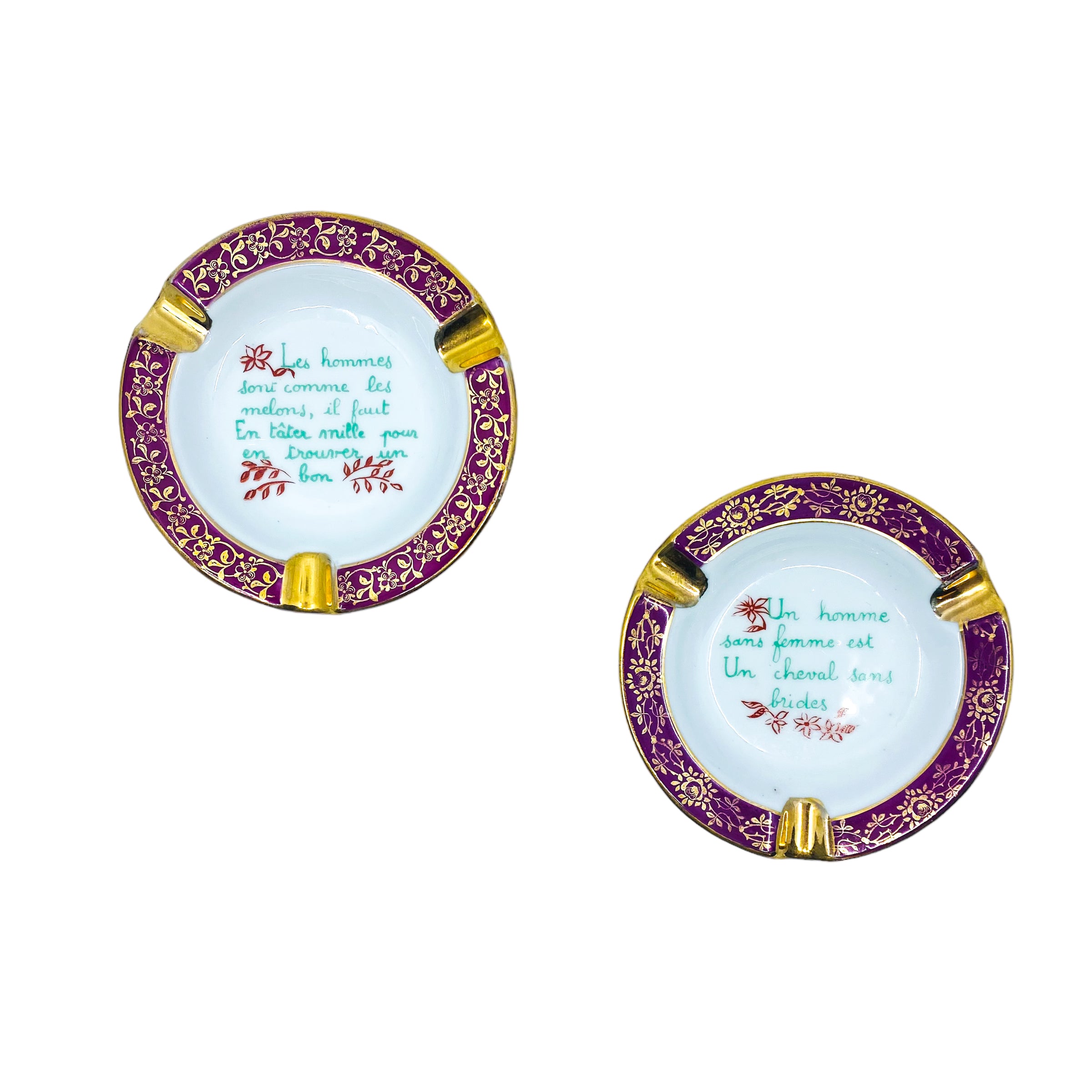 Antique Limoges France “About a Man” Porcelain Ashtrays, Pair