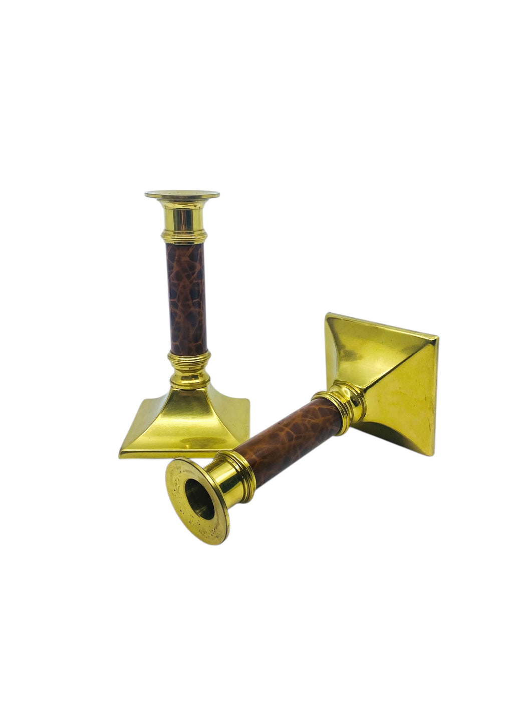 Vintage Brass & Brown Candlesticks, Pair