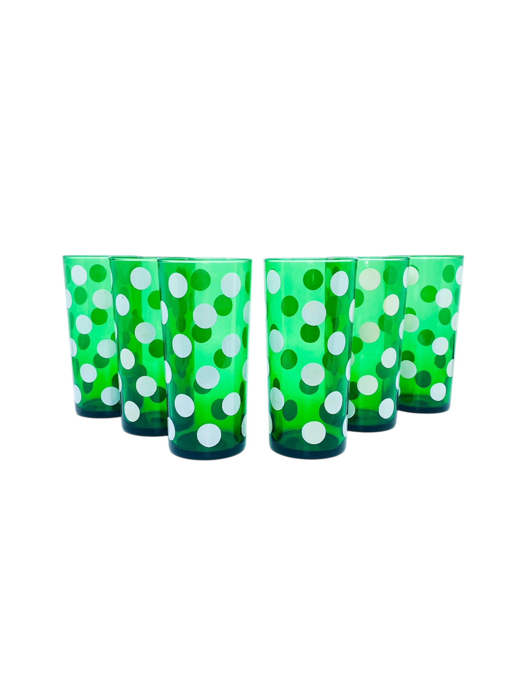 Vintage 1950’s Anchorglass Forest Green Polkadot Glasses, Set of 6