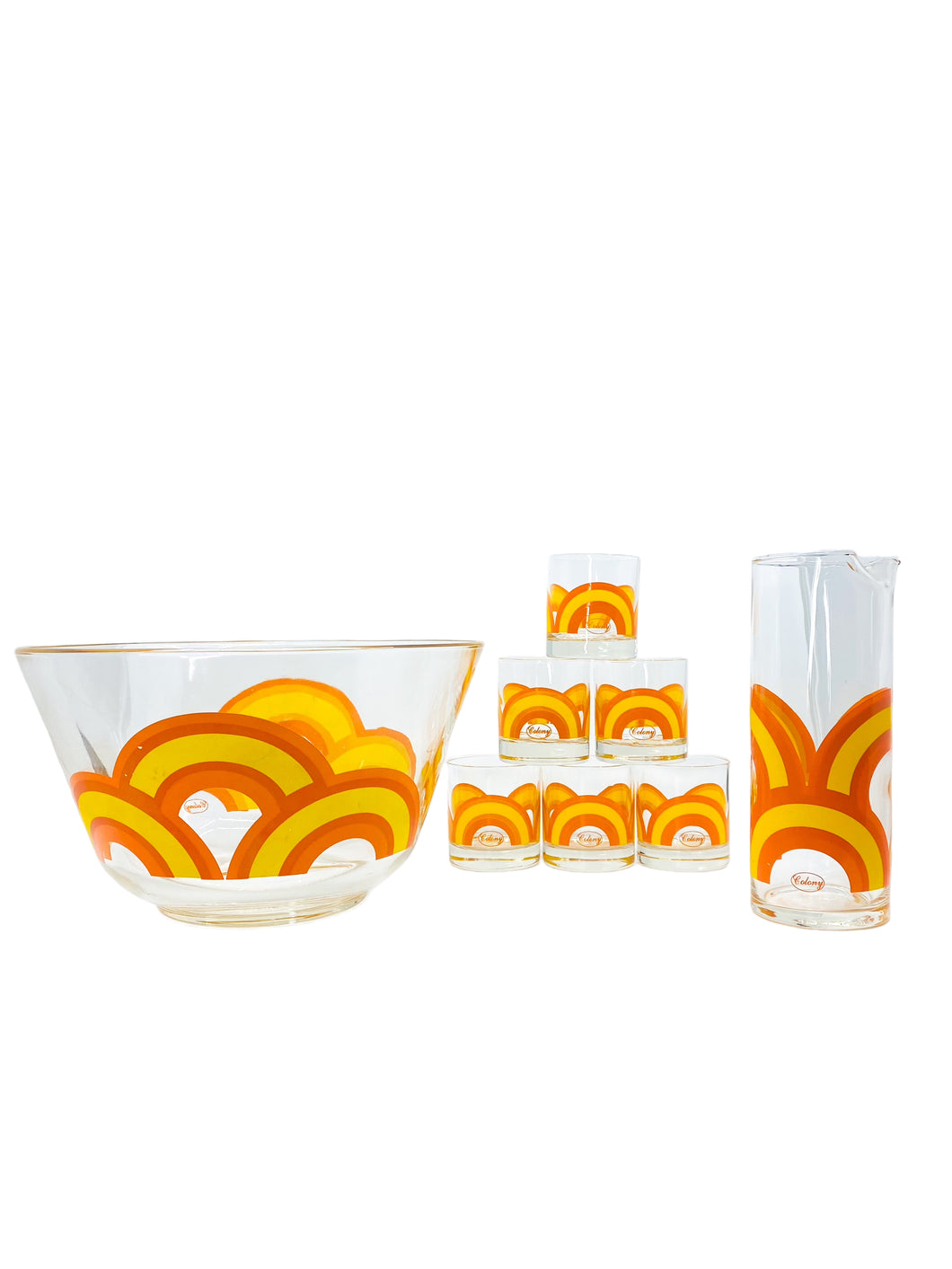 Vintage 1960’s Colony MCM Orange Rainbow Cocktail Set, S/8
