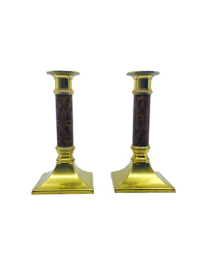 Vintage Brass & Brown Candlesticks, Pair