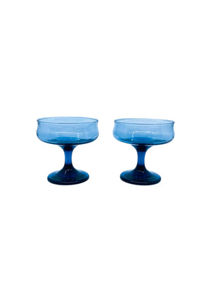 Vintage Libbey Bolero Blue Short Stemmed Champagne Coupes, Pair