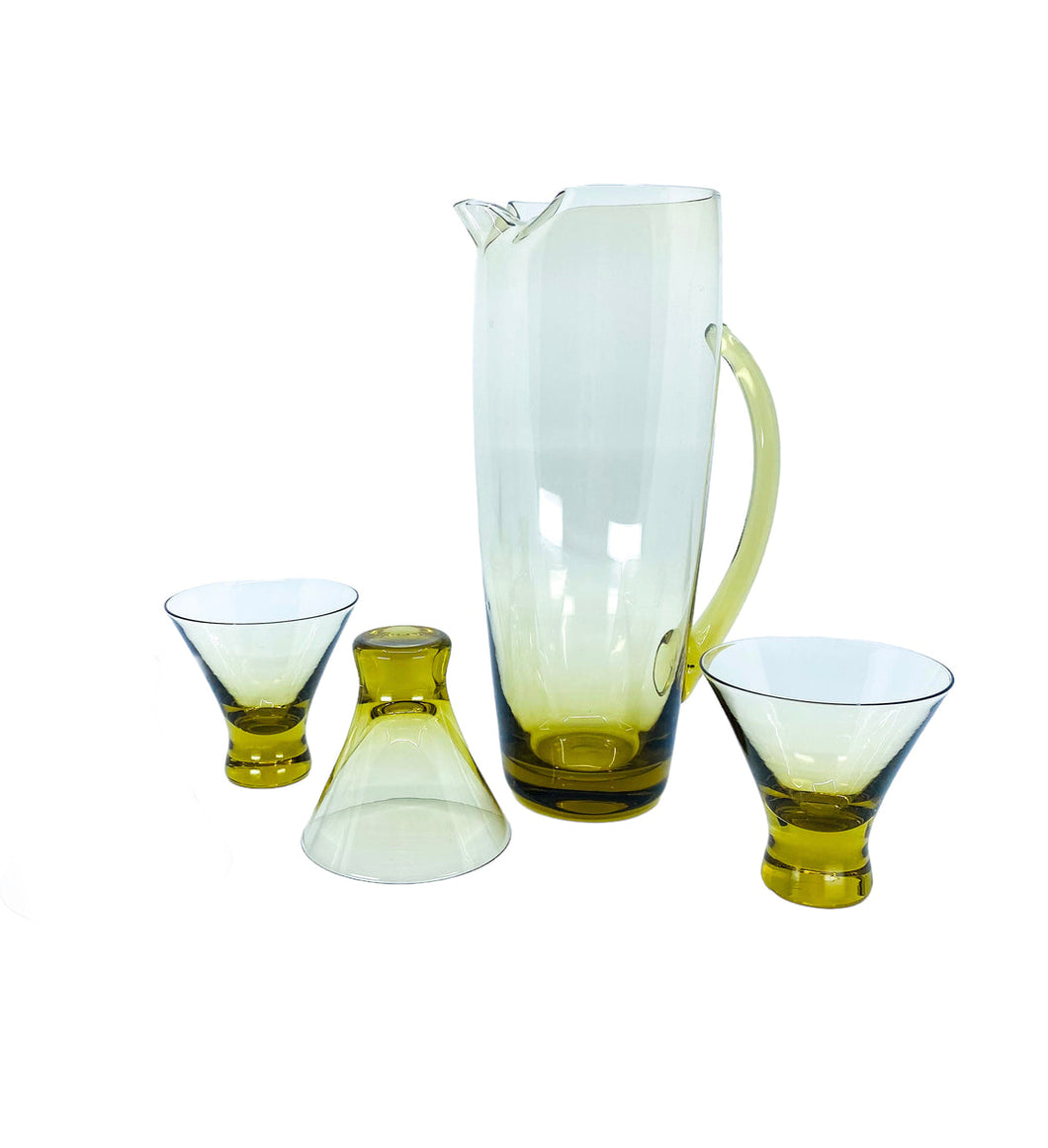 Vintage Yellow Glass Martini Pitcher & Glass Set
