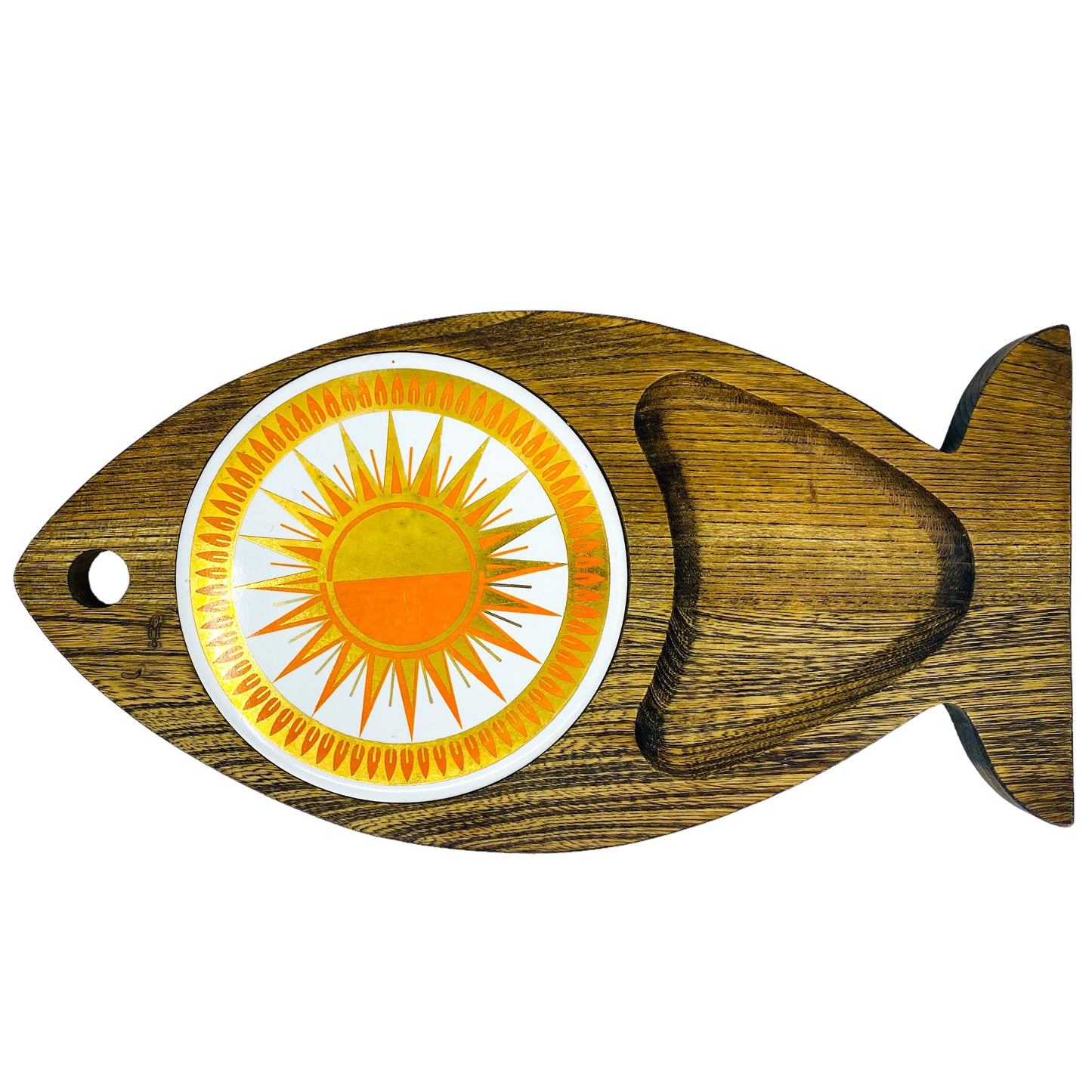 Vintage MCM Fish Shaped Walnut Cheeseboard with Orange & Gold Sunburst, Made in Japan