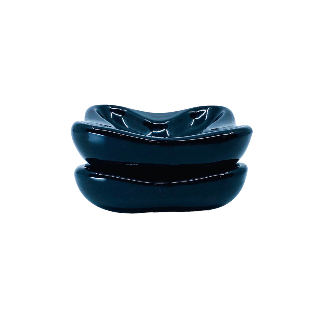 Vintage “X Marks the Spot” Black Ceramic Stacking Ashtrays, Pair