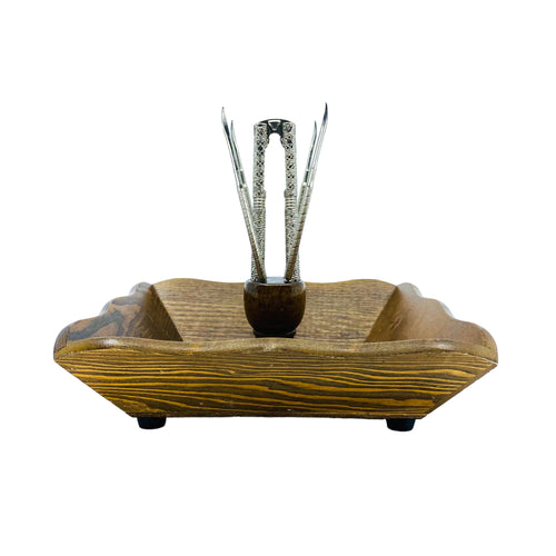 Vintage Scalloped Edge Wooden Nut Bowl with Cracker & Picks