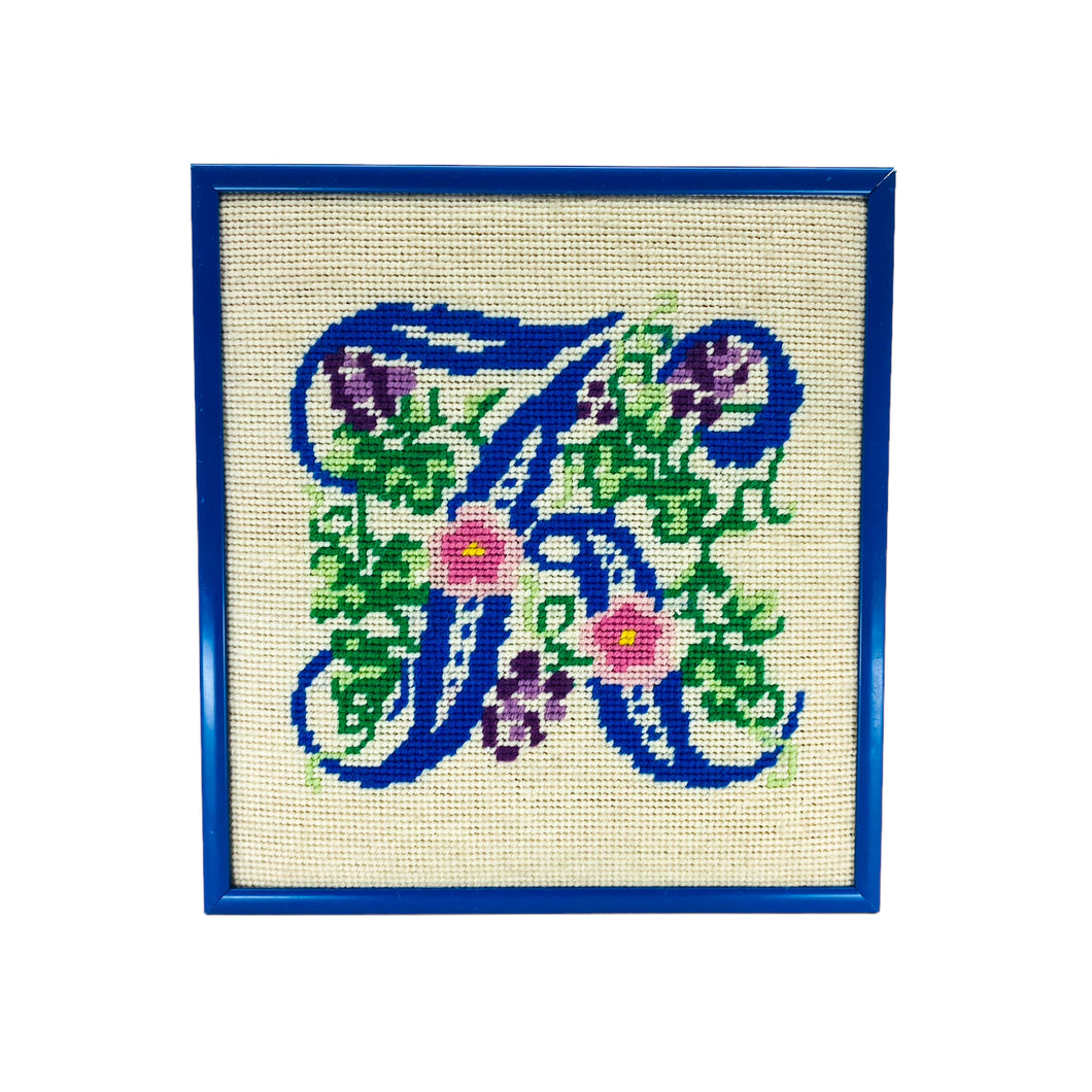 Vintage Framed Needlepoint Letter K
