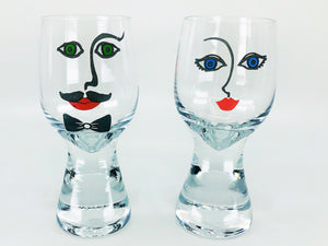 Pair of Vintage Mustache Man & Woman Figural Face Drinking Glasses