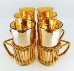S/6 1960s Jeanette Glass Iridescent Marigold Highball Glasses, Set in Wicker Handles