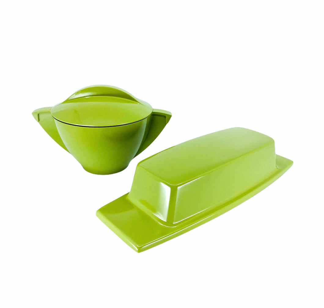 Vintage Mello-Ware Melamine Green Sugar Bowl & Butter Dish