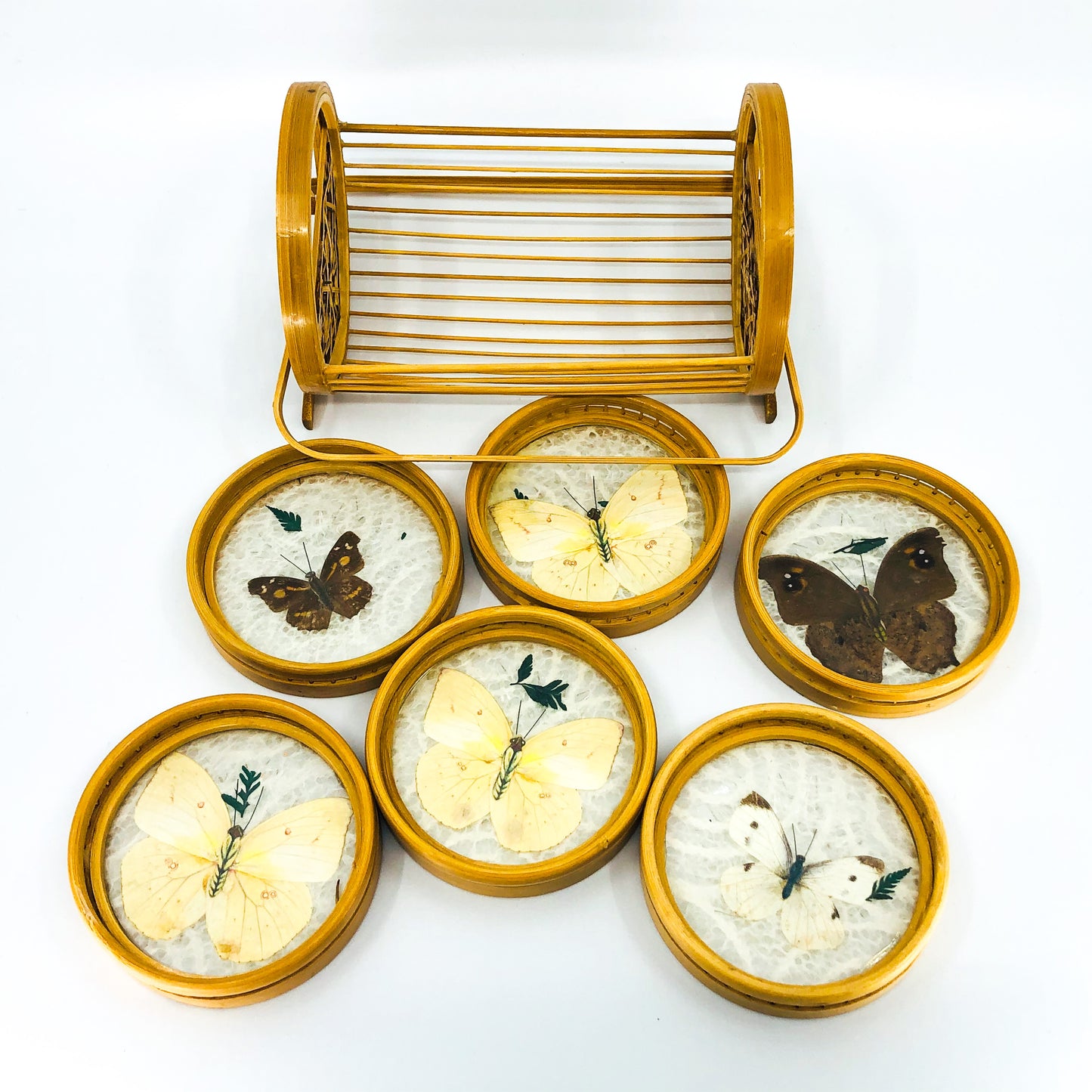 S/6 Vintage Rattan Butterfly Coasters with Caddy