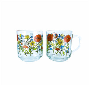1970’s R. Carman by Arcoroc France Wildflower Glass Mugs, Set of 2