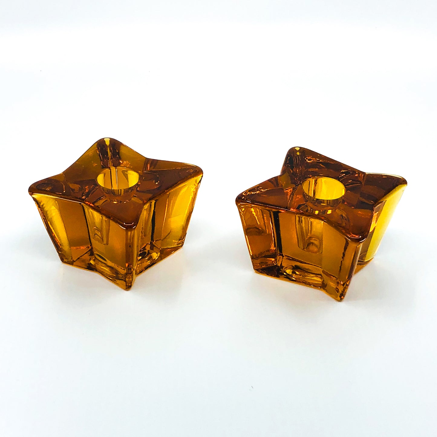 Rare Vintage Amber Glass Isotoxal Star Candlestick Holders