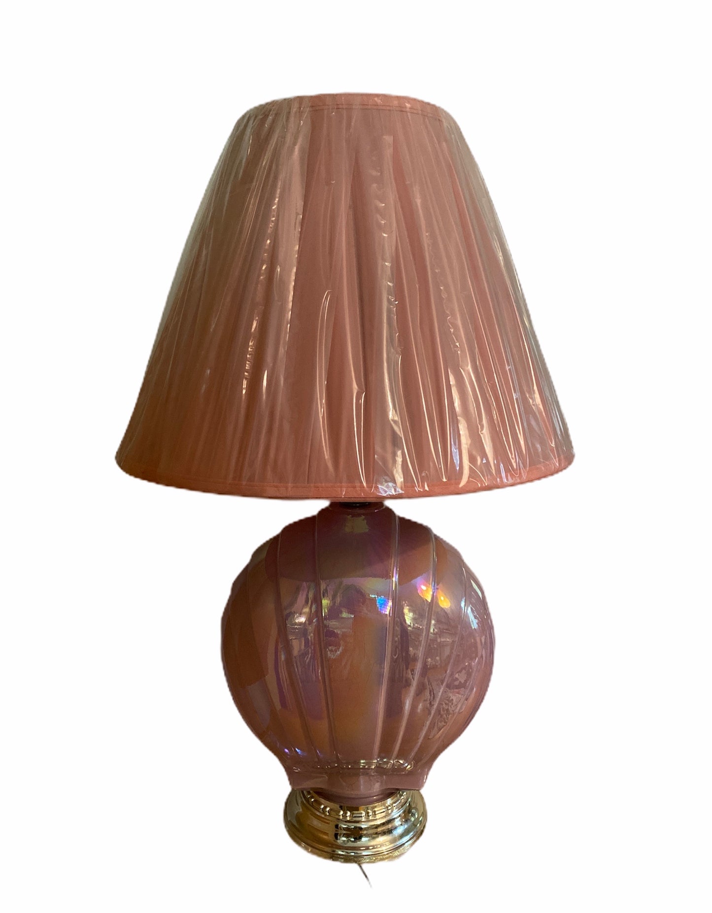 Vintage Pink Iridescent Shell Lamp with Pink Shade