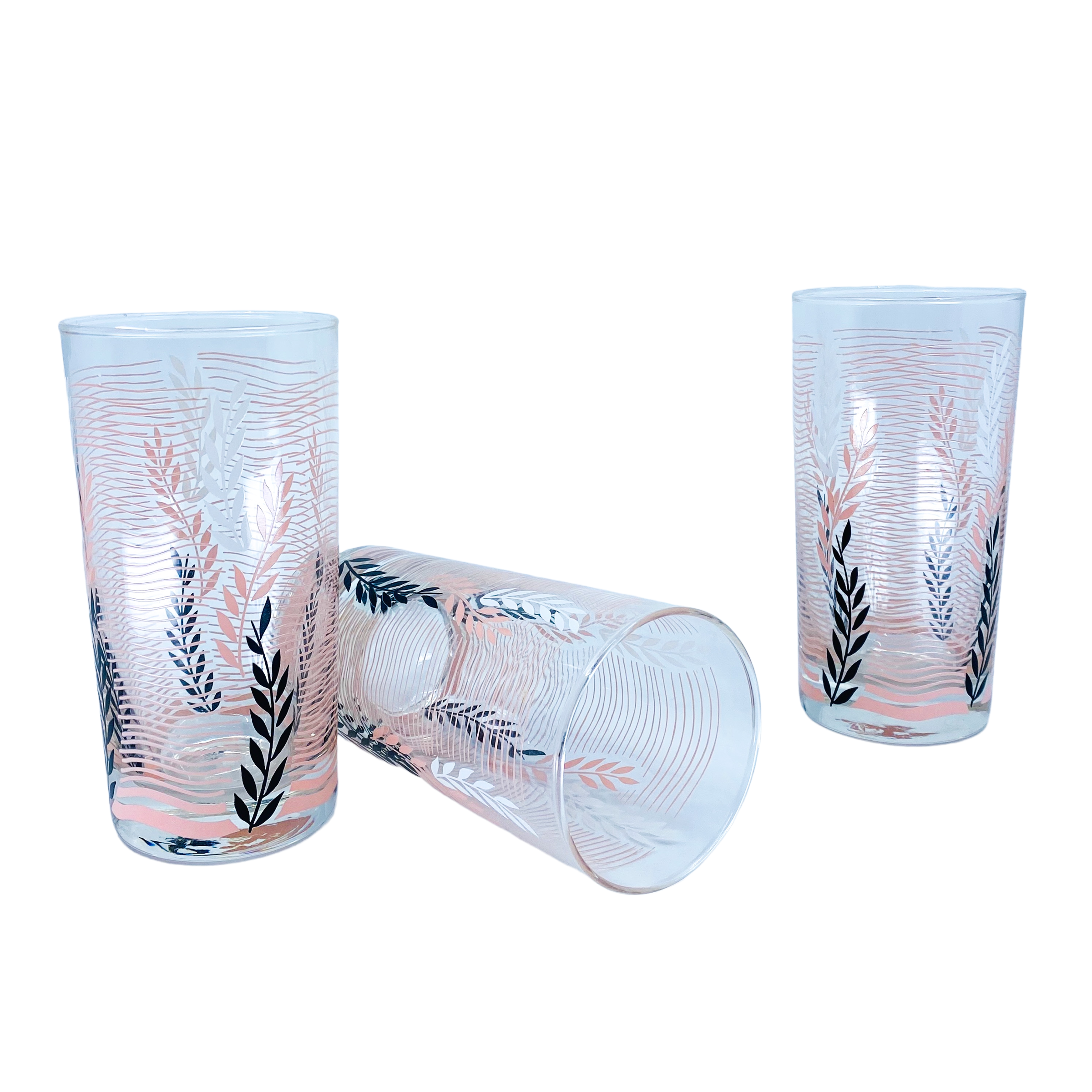 Libbey Glass, White Pink & Black Wheat Design Glasses, Set of 3
