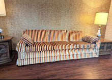 1970s Long Midcentury Velvet Stripe Tuxedo Sofa in Rust, Burnt Orange, Gold and Cream