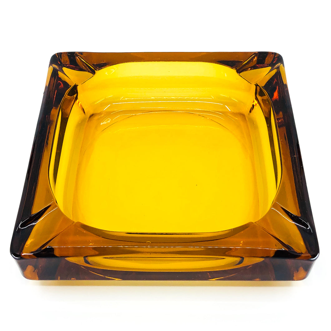 Vintage Amber Glass Square Ashtray, Heavy