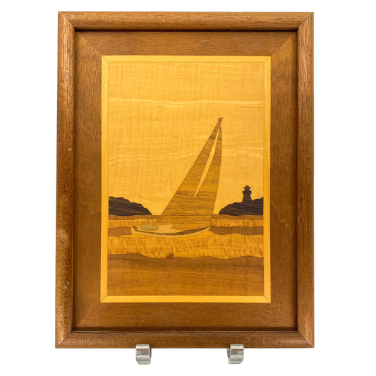 Vintage Wood Inlay Marquetry Art Sailboat Picture