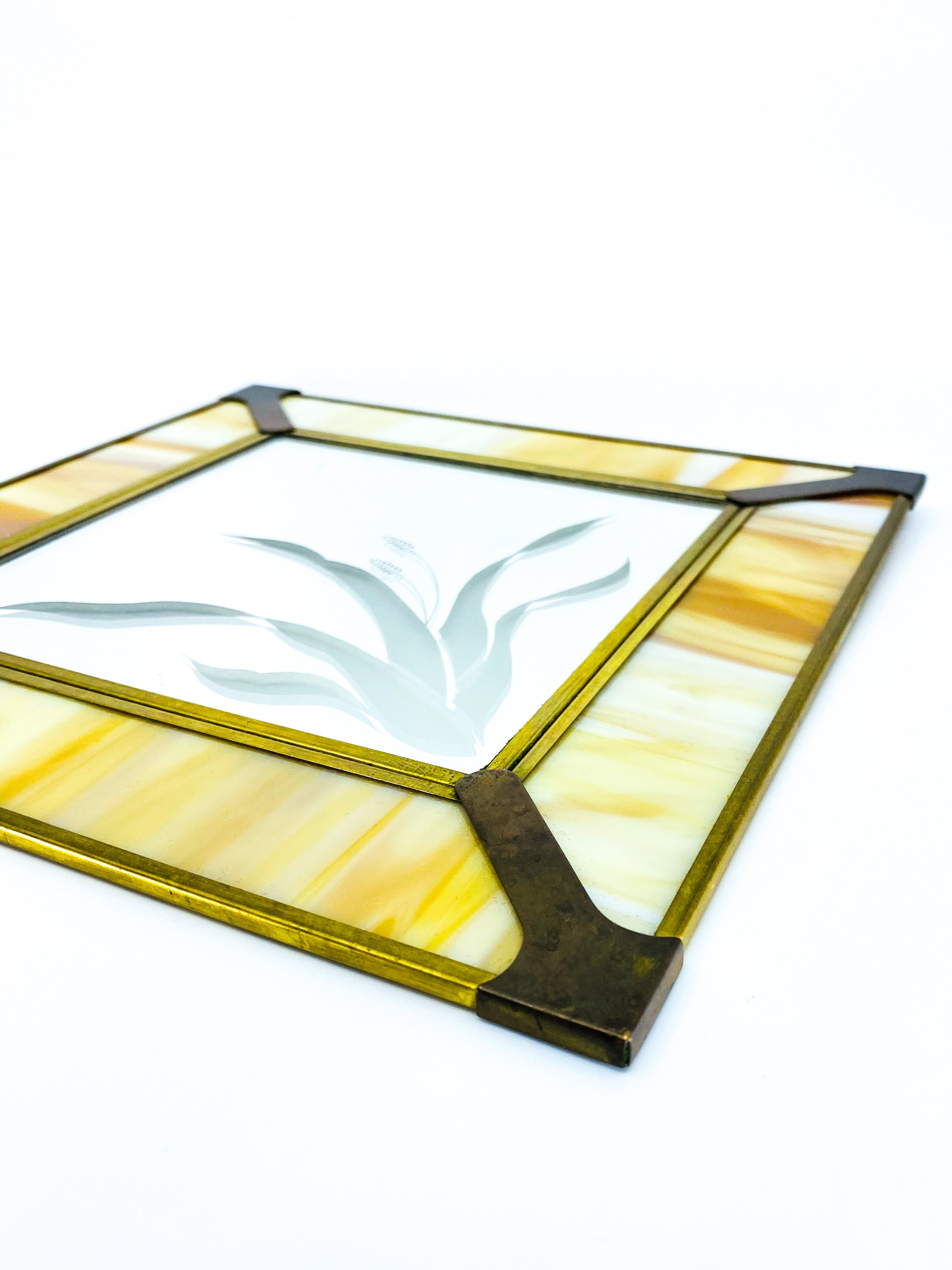 Stained Glass Etched Mirror with Brass Detailing