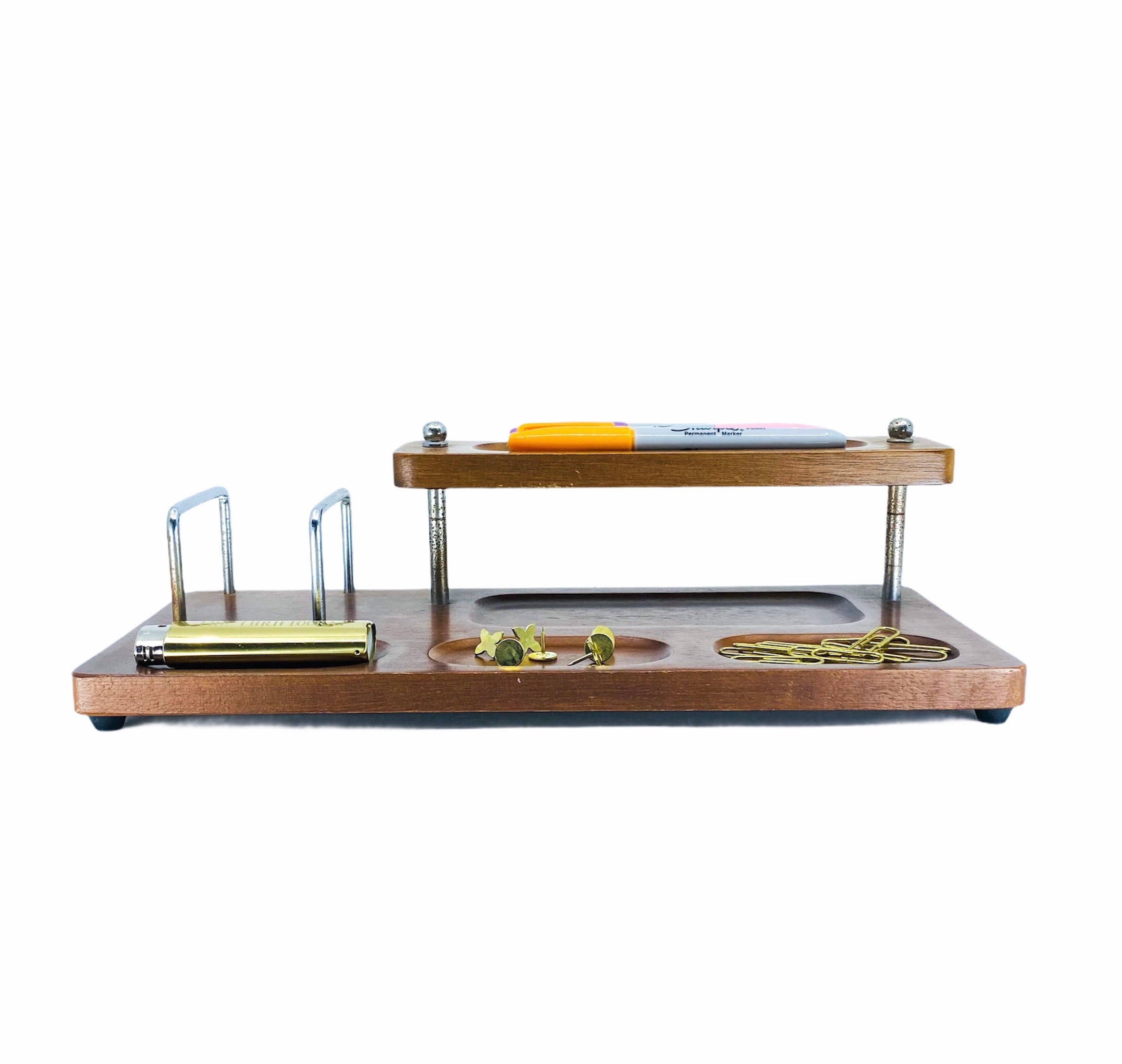Vintage Wood & Brass Desk Organizer / Dresser Valet