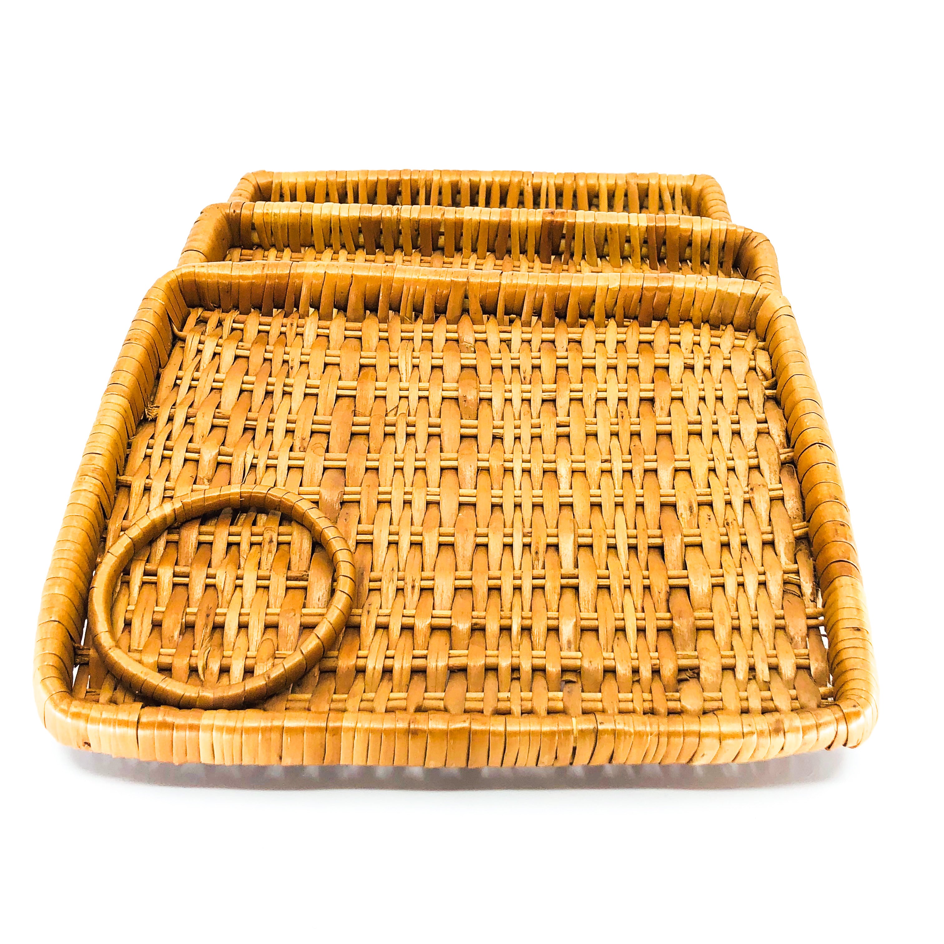 Vintage Small Woven Rattan Rectangle Serving Trays with Cup Holders, Set of 3