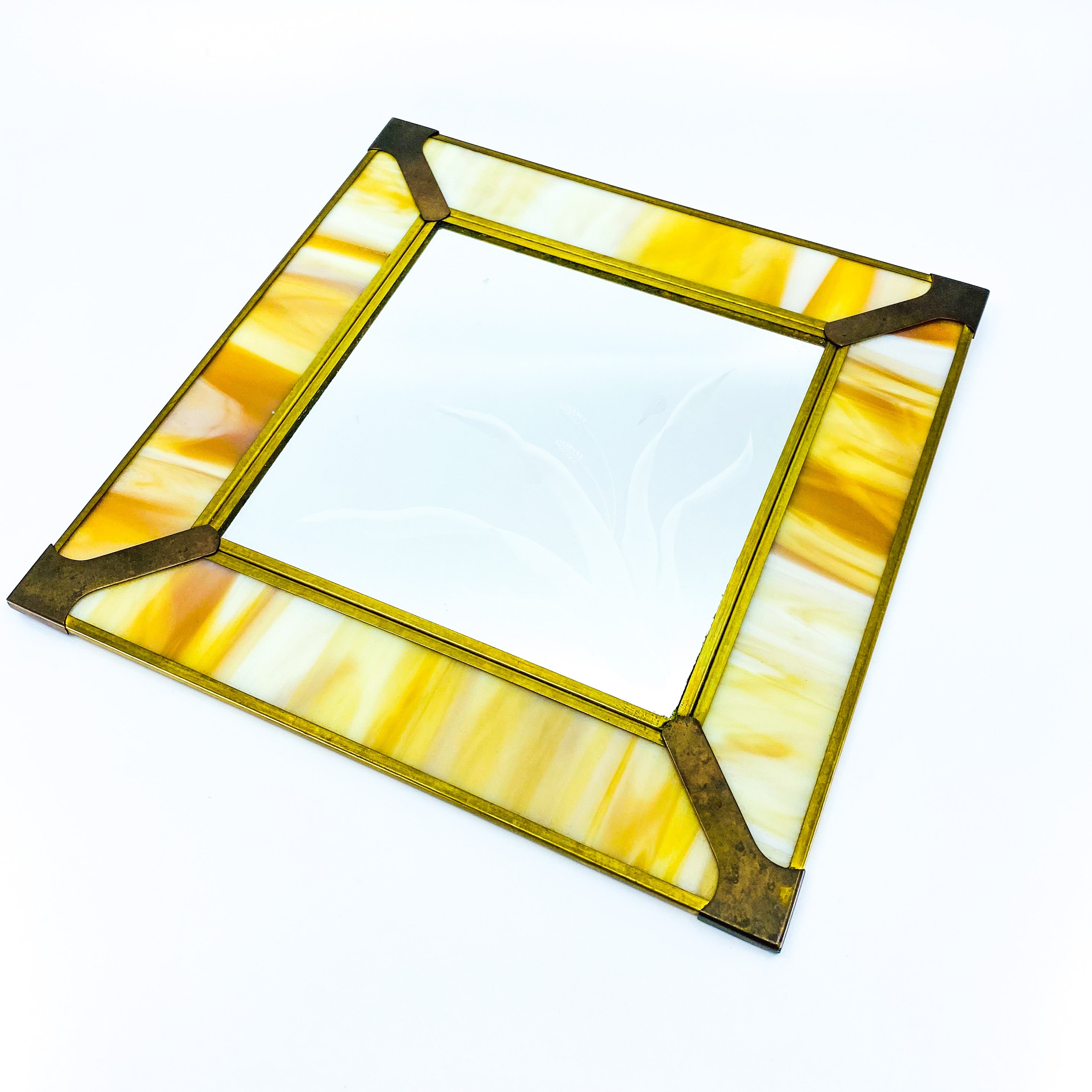 Stained Glass Etched Mirror with Brass Detailing