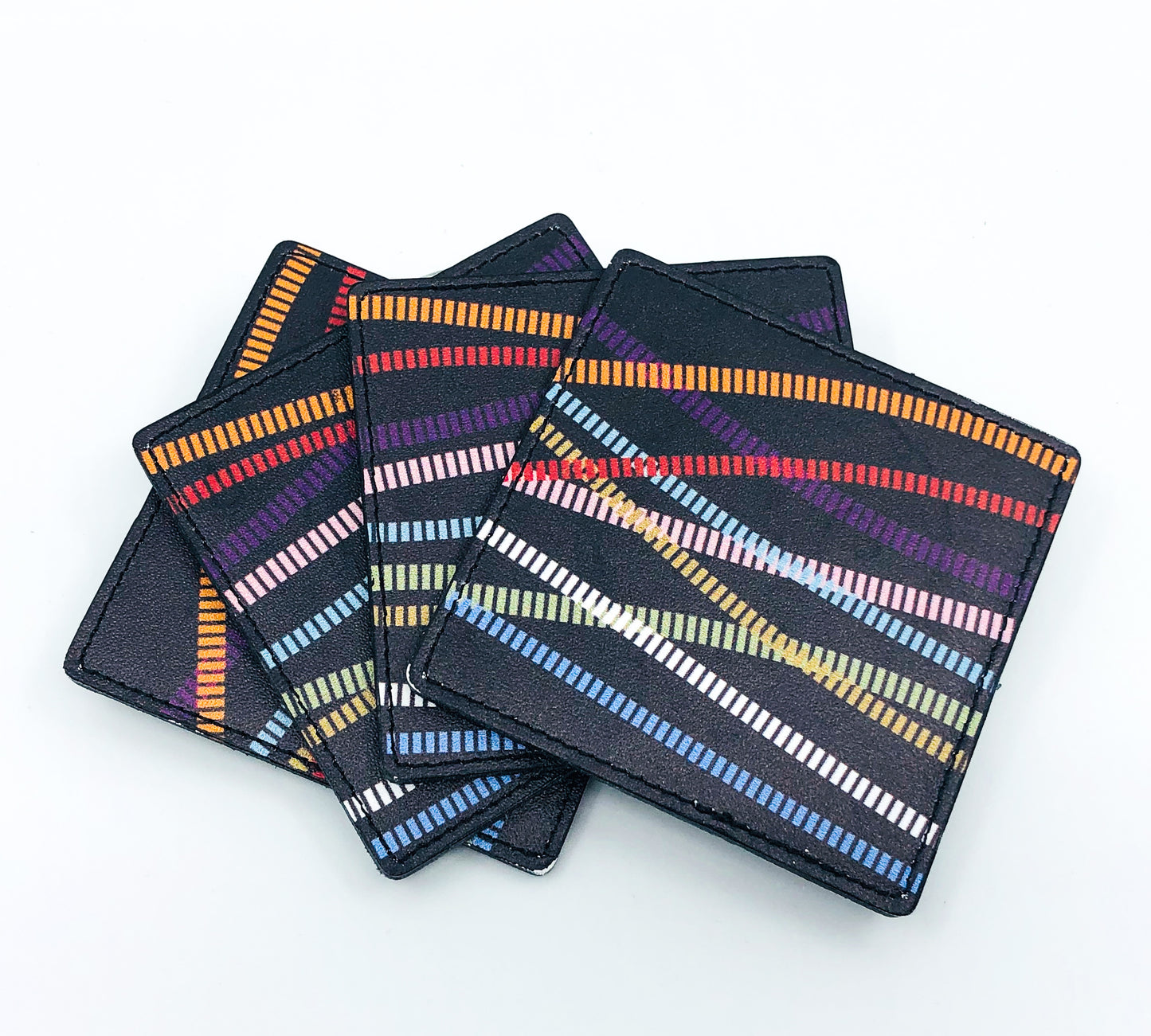S/4 Made in Italy Black Leather Coasters with Multi Color Design, 2 Sets Available