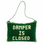 1980s “Damper Is Closed” Green Needlepoint/Velvet Hanging Fireplace Pillow