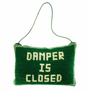 1980s “Damper Is Closed” Green Needlepoint/Velvet Hanging Fireplace Pillow