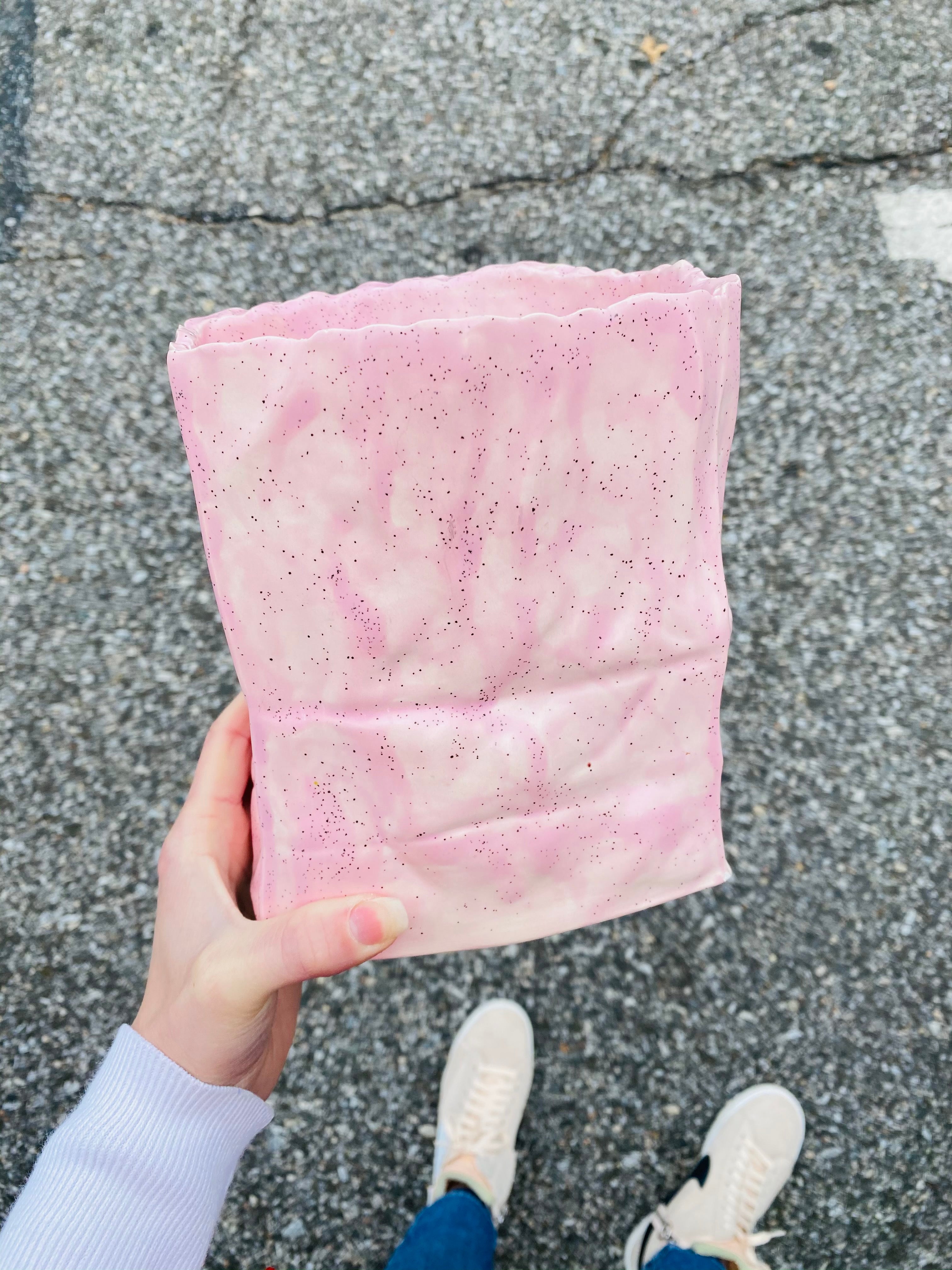 Sparkly Pink Ceramic Paper Bag Vase