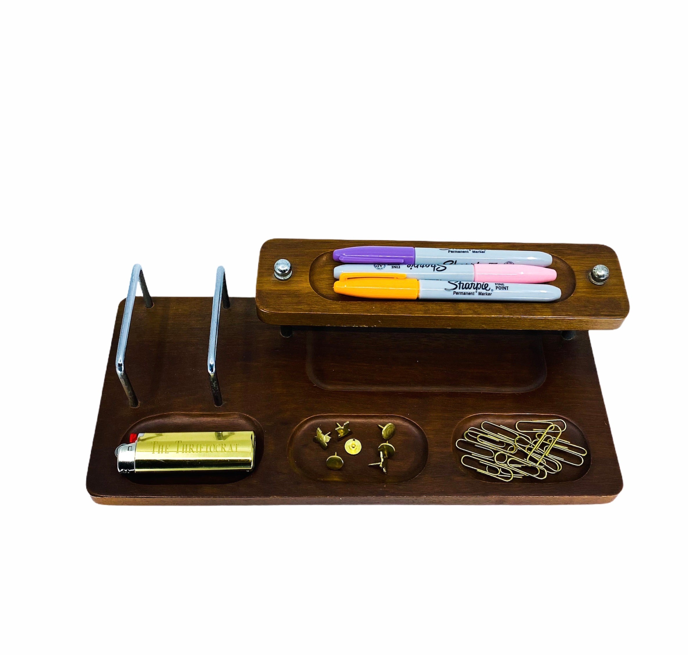 Vintage Wood & Brass Desk Organizer / Dresser Valet