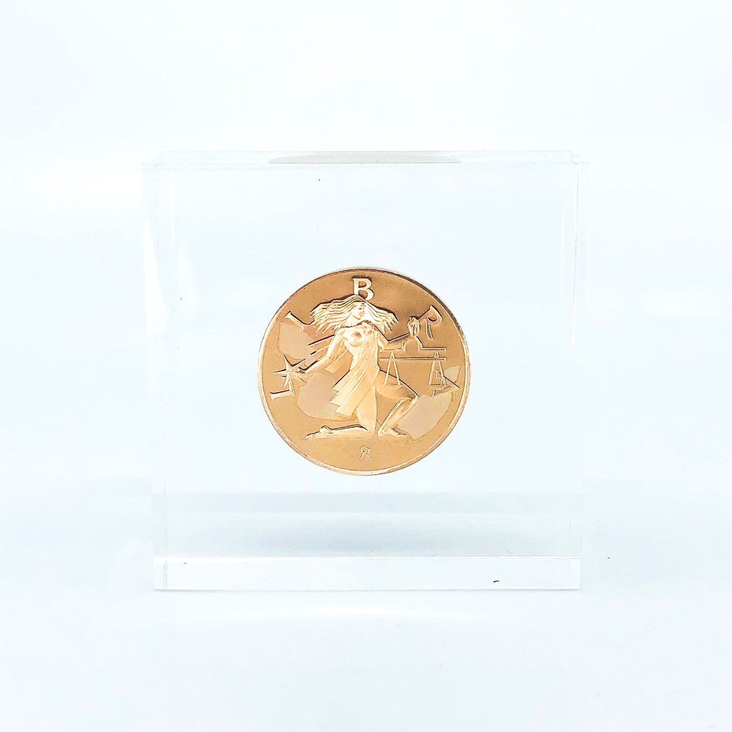 Lucite Paperweight with Gold Libra Astrology Coin